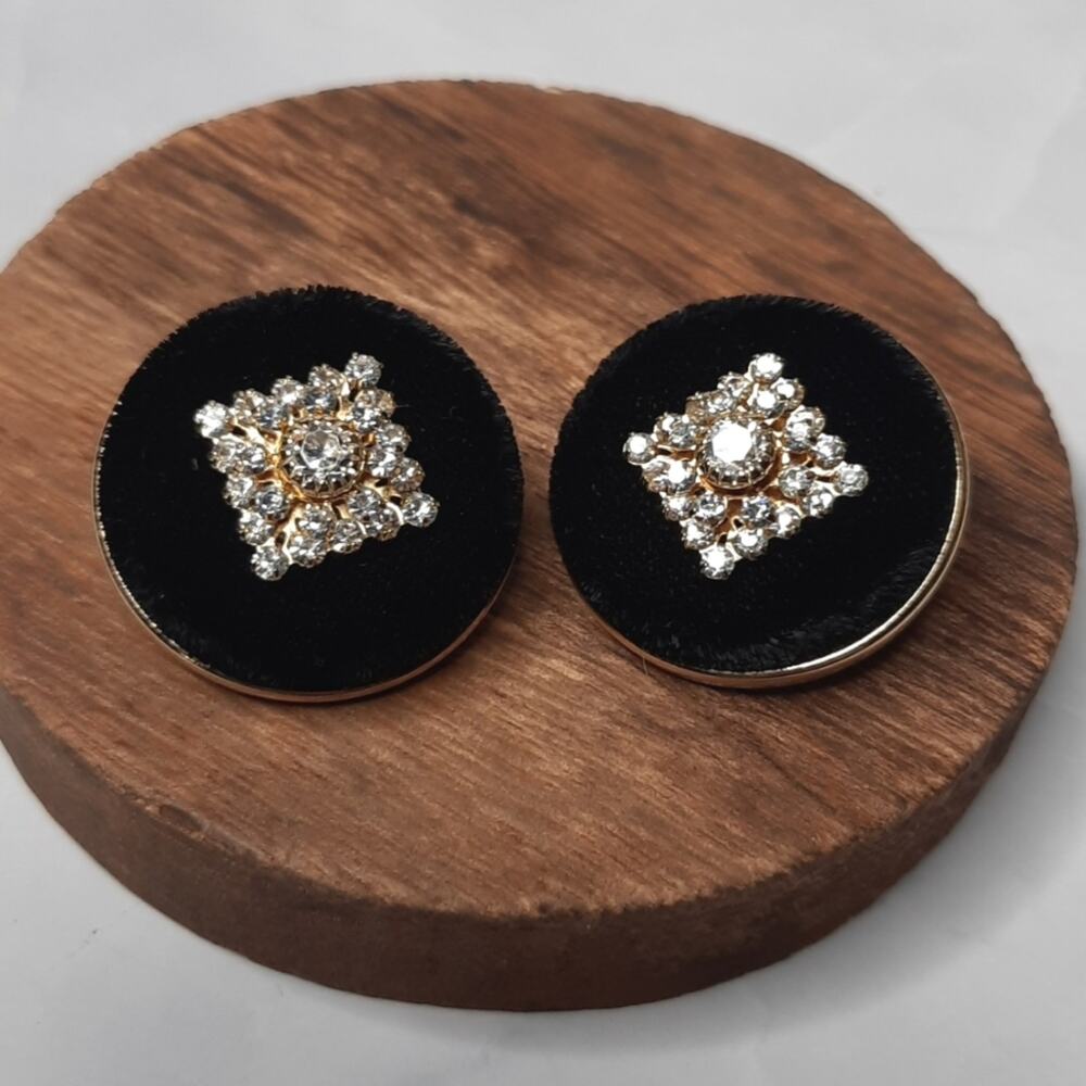 Round Black Velvet and Rhinestone Earrings Gold Tone Clip Back